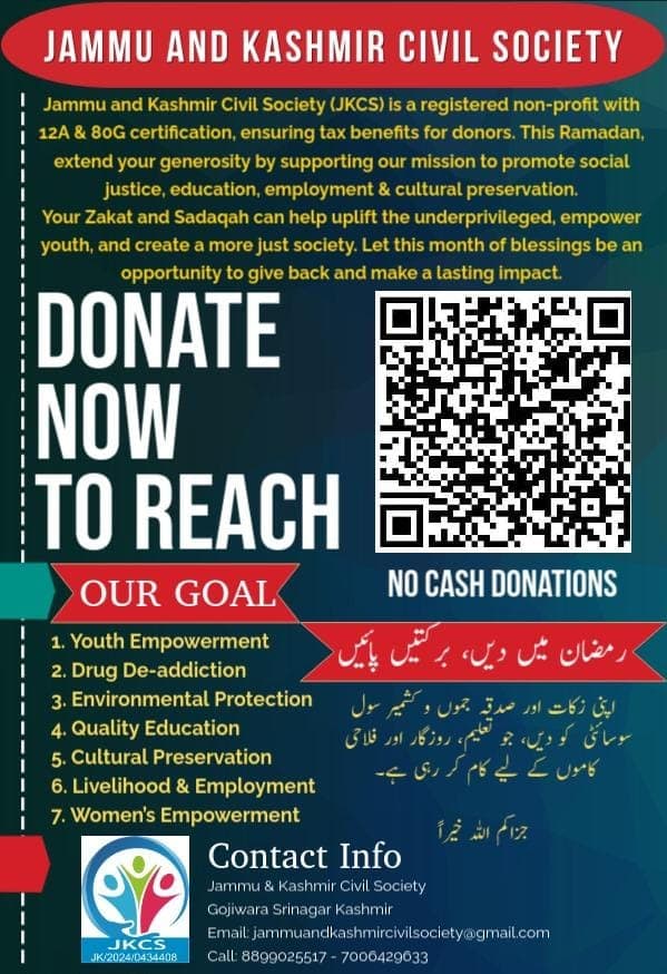 JKCS donation campaign poster with UPI QR code